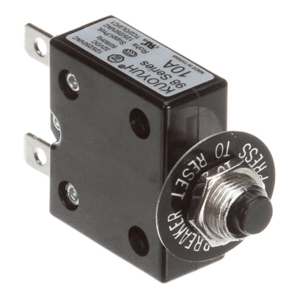 A black rectangular circuit breaker with two metal prongs and a round reset button labeled 'PRESS TO RESET 10A BREAKER' on the front.