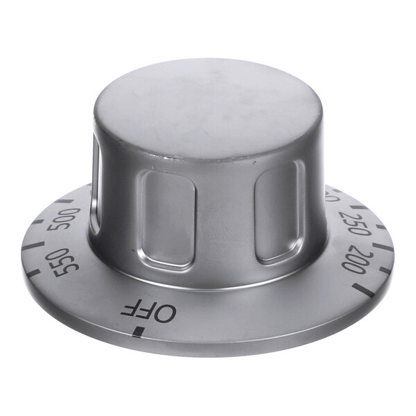 A metallic control knob with temperature markings and an 'OFF' label, likely used for an oven or griddle.