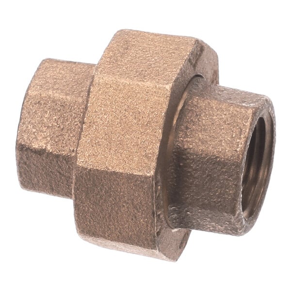 A brass-colored hexagonal pipe fitting with threaded ends.