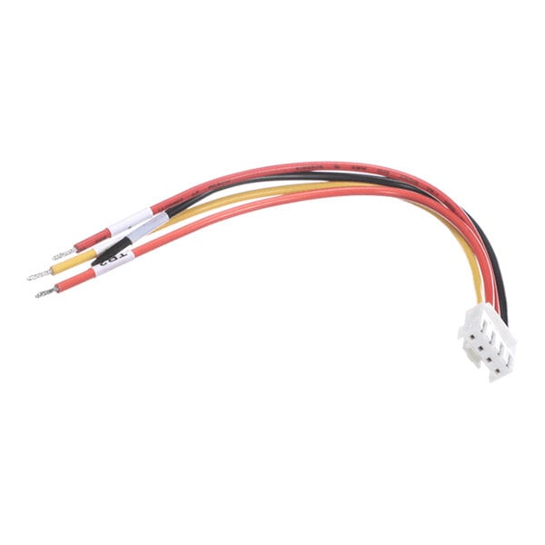 A four-wire harness with red, black, and yellow wires attached to a white plastic connector on one end and exposed wire tips on the other.