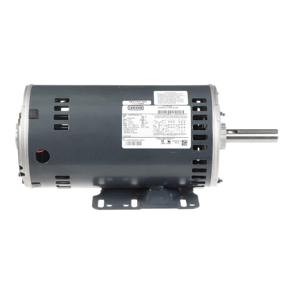 A cylindrical electric motor with a metal housing, ventilation slots, a mounting base, and a protruding shaft.