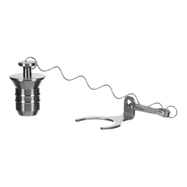 A metallic device with a ribbed cylindrical end cap connected by a wavy wire to a U-shaped clamp and a small ring attachment.