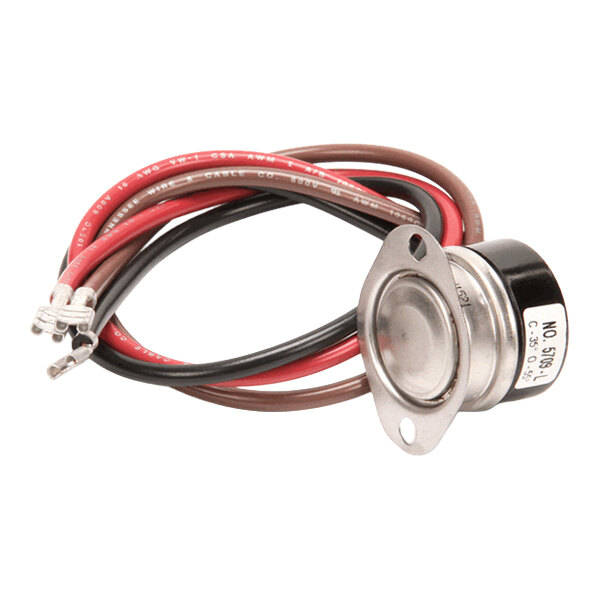 A round metal component with a mounting flange and three attached colored wires (red, black, and brown) ending in terminal connectors.
