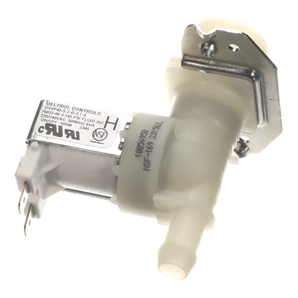 A plastic and metal water inlet valve with electrical connectors and a mounting bracket.