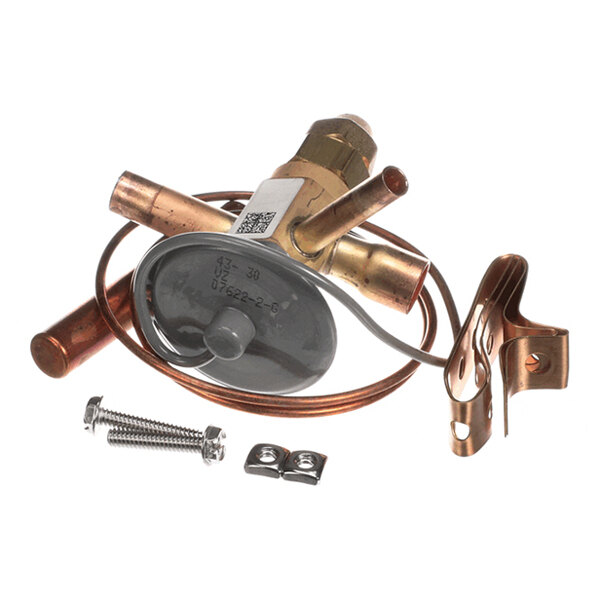 A metal expansion valve assembly with copper tubing, a round sensor, a mounting clip, and two screws with nuts.