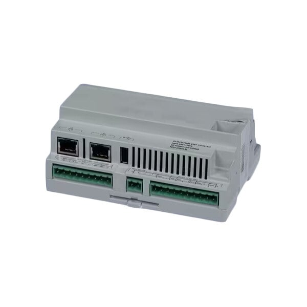 A gray electronic module with multiple green terminal connectors, two Ethernet ports, and a vented section on the front.