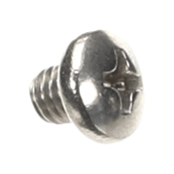 A close-up of a metallic Phillips pan head screw with a short threaded shaft.