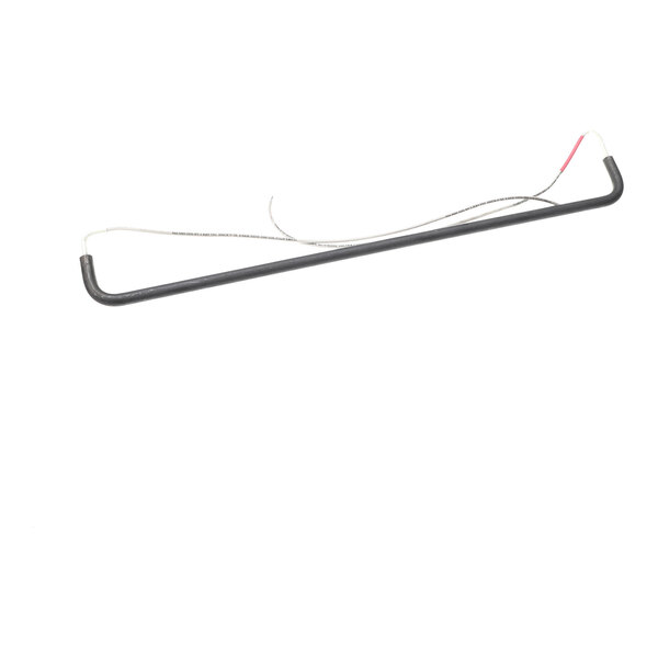 A black, U-shaped heating element with attached white and red wires, photographed on a white background.