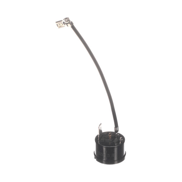 A small black cylindrical electrical component with a single attached black wire ending in a metal connector.