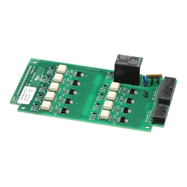 A green electronic circuit board with multiple white connectors, a black relay, and various electronic components.