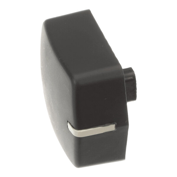 A black, rectangular knob with a metallic accent and a protruding attachment point on one side.
