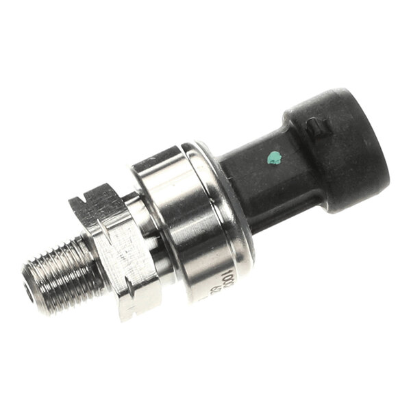 A metal and plastic sensor component with a threaded end and an electrical connector.