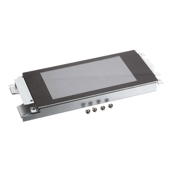 A rectangular electronic display panel with a black screen, metal frame, and four small screws placed in front of it.
