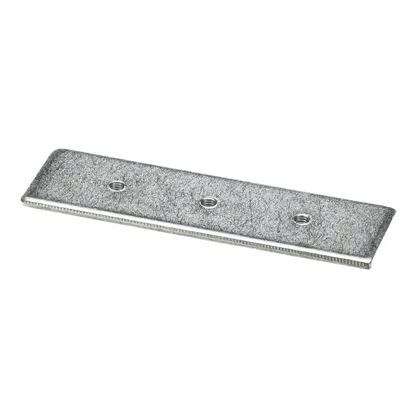 A rectangular metallic plate with a textured surface and three evenly spaced holes.