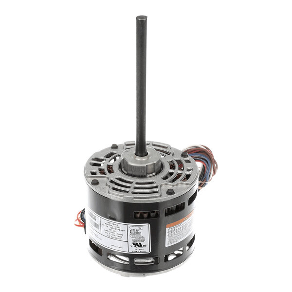A cylindrical electric motor with a long central shaft, ventilation openings, and attached colored wires.