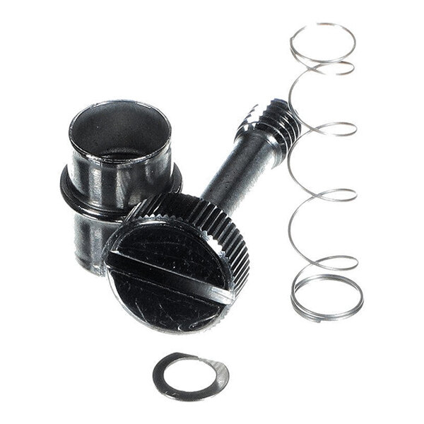 A set of small metal hardware components including a slotted screw, a cylindrical sleeve, a coiled spring, and a washer, all arranged on a white background.