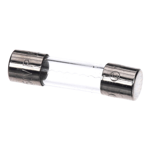 A cylindrical glass fuse with metal caps on both ends and a thin wire visible inside.