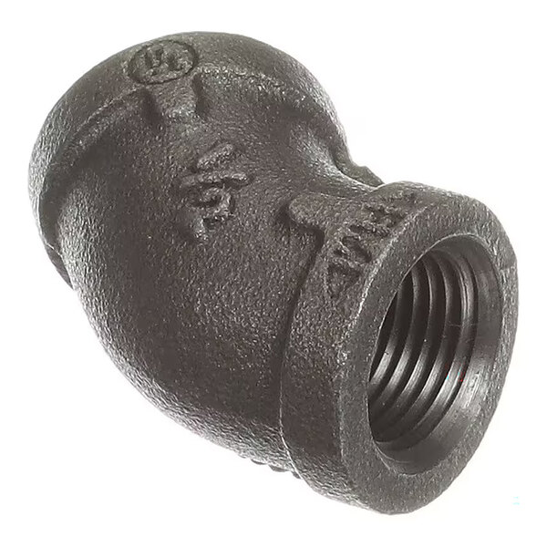 A metal pipe elbow fitting with a threaded interior, angled at approximately 45 degrees.