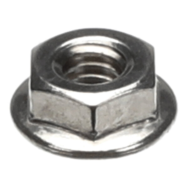 A metallic hexagonal nut with a built-in serrated flange at its base.