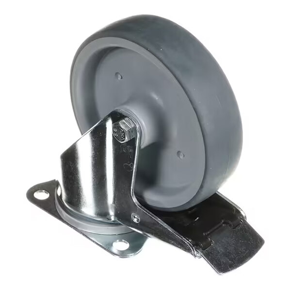 A single gray caster wheel with a metal mounting plate and an attached brake mechanism.