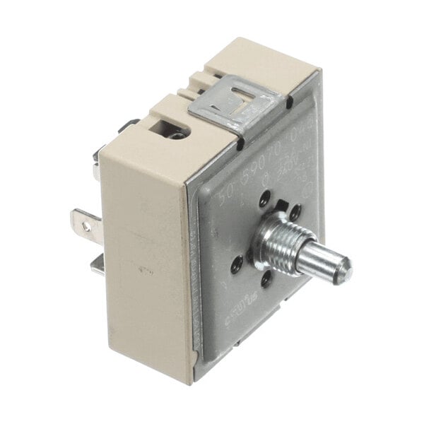 A rectangular beige and metallic electrical component with a protruding metal shaft and several electrical terminals on the side.