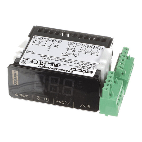 A digital temperature controller with a display screen, labeled buttons, wiring diagram, and green terminal connectors.