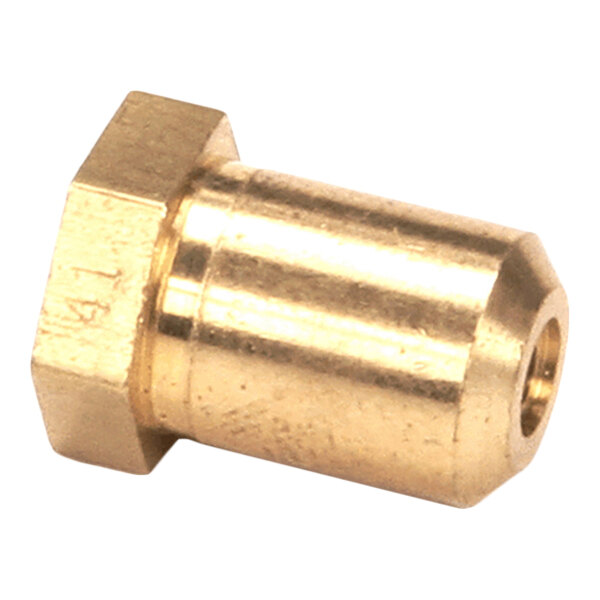 A brass-colored metal fitting with a hexagonal head and a cylindrical body, featuring a small central hole at one end.