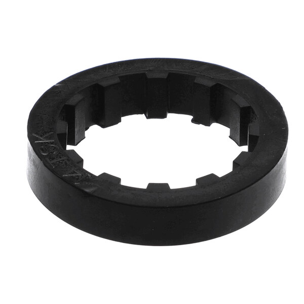 A black, circular ring with an outer diameter of approximately 2.5 inches, featuring internal notches or teeth.