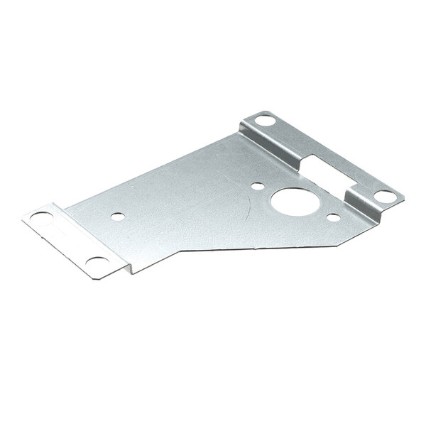 A flat, metallic bracket with multiple holes and cutouts, featuring bent edges for mounting or support purposes.