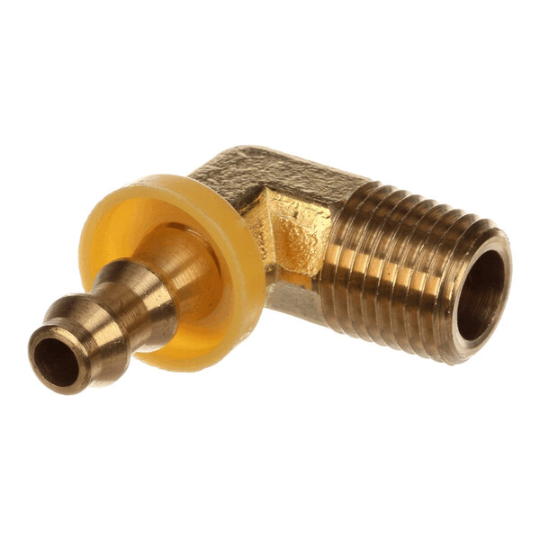 A brass elbow fitting with a threaded end and a barbed end, featuring a yellow washer.