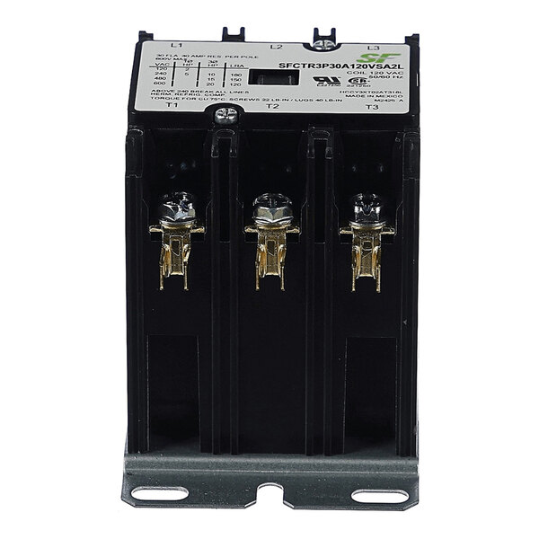 A black three-pole electrical contactor with three screw terminals and a labeled white panel on top.