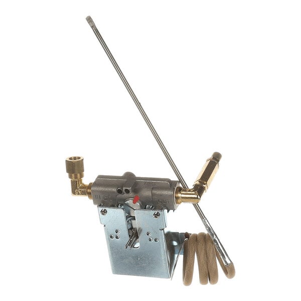 A metal thermostat and valve assembly with attached coiled sensor tube and brass fittings.