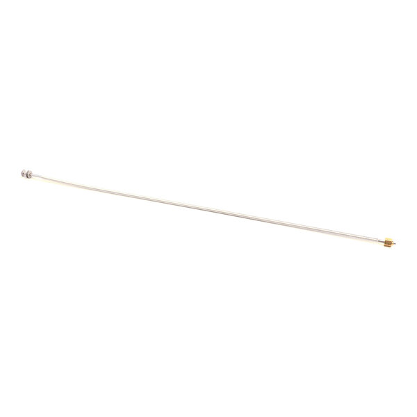 A long, thin metallic tube with fittings on both ends, photographed against a white background.