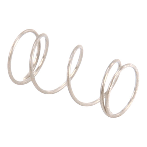 A small, coiled metal spring with a shiny finish, shown against a white background.