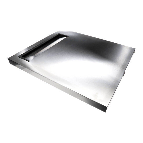 A metallic rectangular panel with a built-in handle, likely a door or cover component.