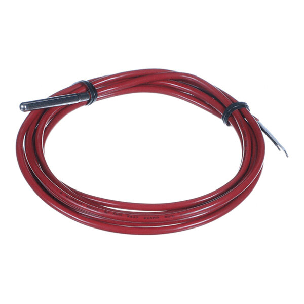 A coiled red cable with a metallic sensor probe on one end and exposed wire leads on the other end.