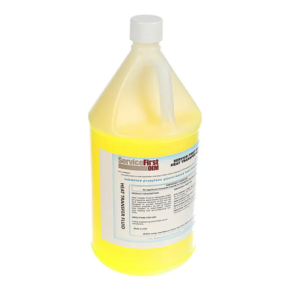 A translucent plastic jug filled with yellow liquid and a white screw cap, featuring a label with text and branding.