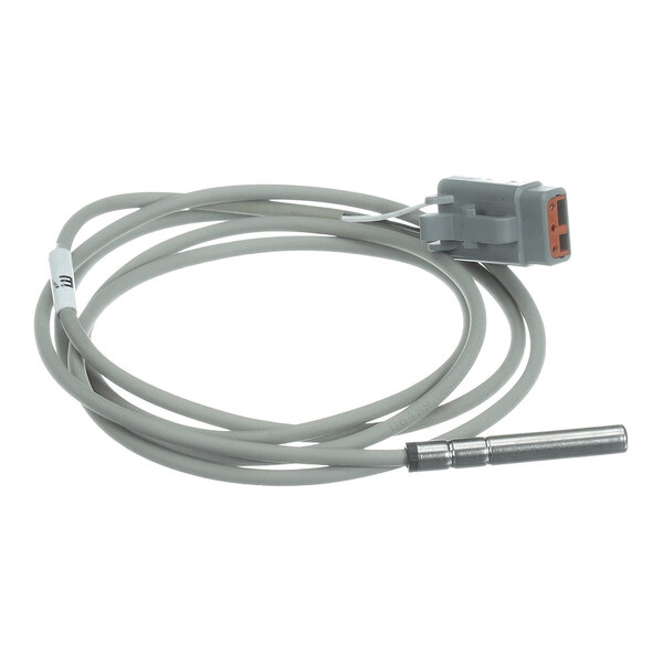 A coiled gray cable with a cylindrical metal sensor on one end and a gray plastic connector on the other end.