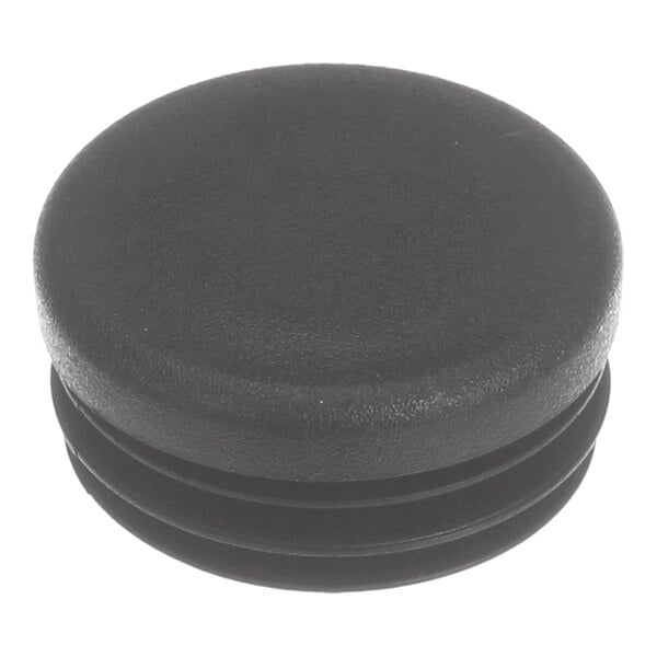 A black, round plastic plug with a smooth top and ribbed sides.