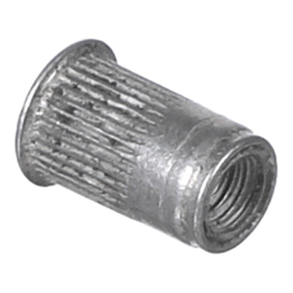 A metallic, cylindrical fastener with external ridges and internal threading, featuring a flanged end.