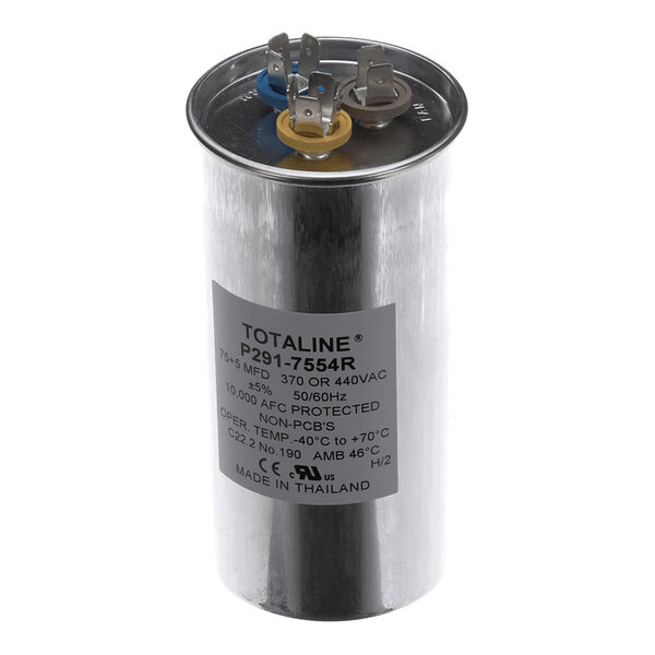 A cylindrical metallic component with three electrical terminals on top, each marked with a different colored ring, and a label displaying technical specifications.