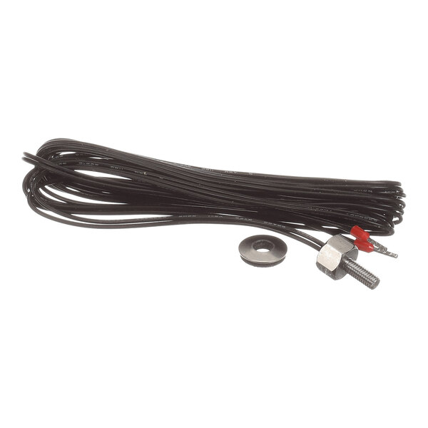 A coiled black wire with metal connectors and a washer placed beside it.