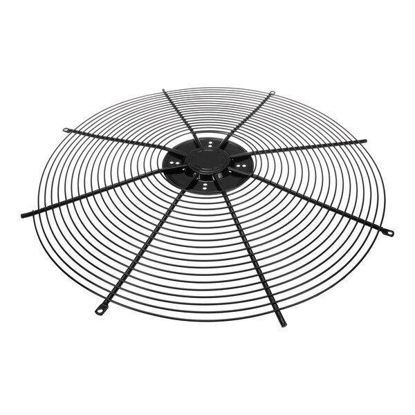 A round, black metal wire fan grille with a central mounting hub and radiating support spokes.