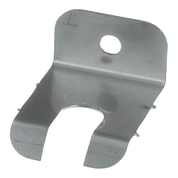 A metal bracket with a bent shape, a large circular hole near the top, and a U-shaped cutout at the bottom.