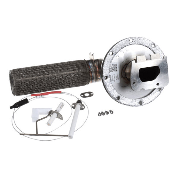 A metal cylindrical burner assembly with a mesh covering, mounting flange, and various small components including wires, ceramic rods, screws, and gaskets.