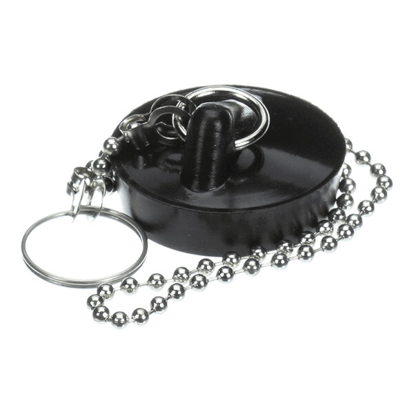 A black circular drain plug with a metal ring and attached beaded chain.