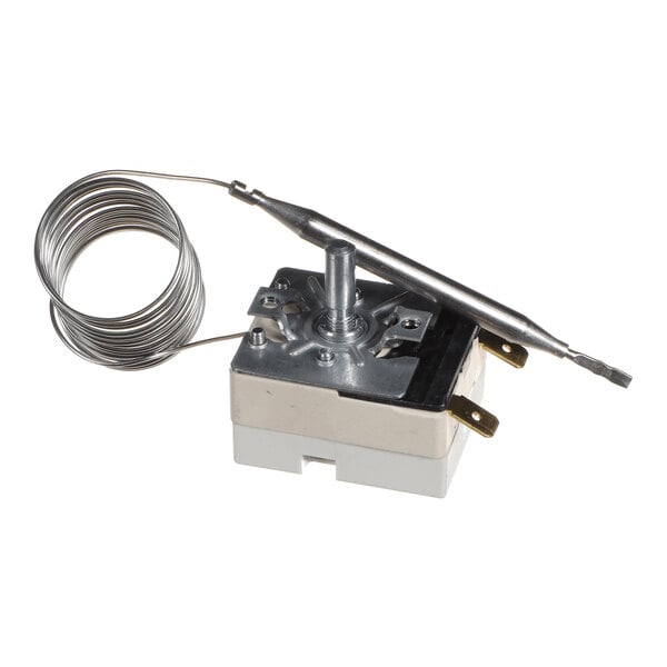 A metal thermostat component with a coiled wire and two electrical terminals, shown on a white background.