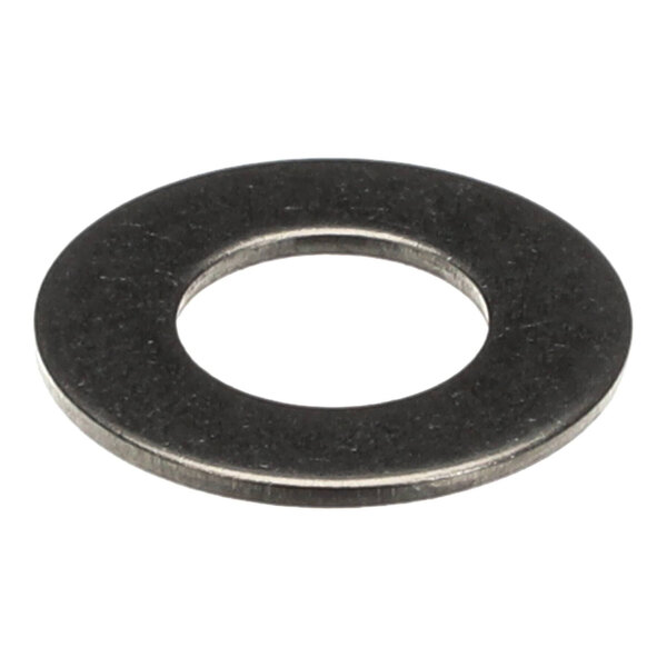 A flat, circular metal washer with a central hole, viewed from an angle.