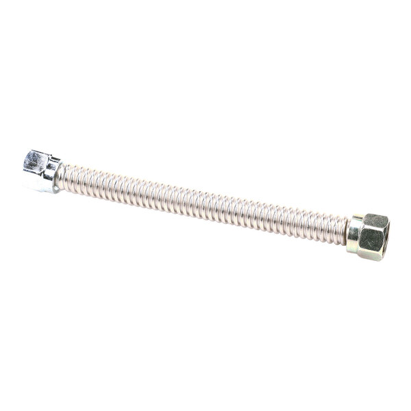 A flexible metal hose with fittings on both ends, designed for connecting pipes or equipment.