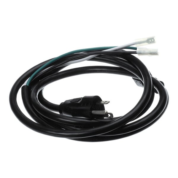 A coiled black power cord with a three-prong plug on one end and three exposed wire connectors on the other end.